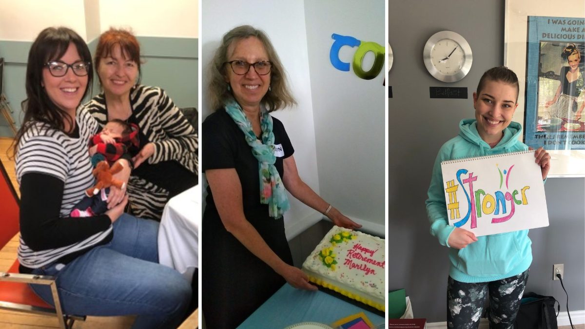 There are three photos here. The one on the left is a picture of two women holding a baby. The photo in the middle is of Marilyn Smiling with her retirement cake. On the right is a photo of a person holding a sign that says #stronger and smiling.