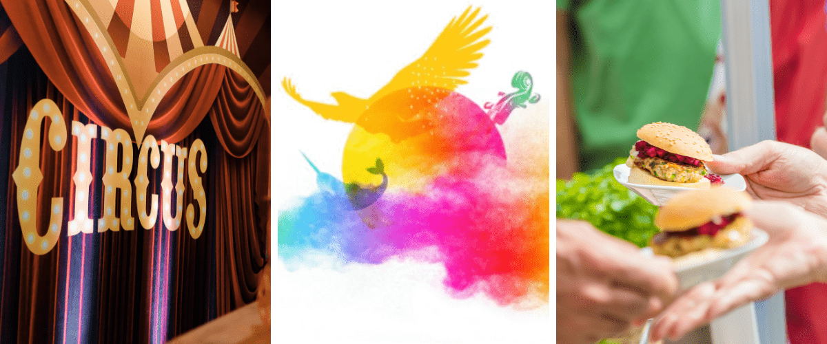 There are three photos here. On the left is a photo of a circus. In the middle is a graphic of National Indigenous People's Day, and on the right is a photo of a food festival.