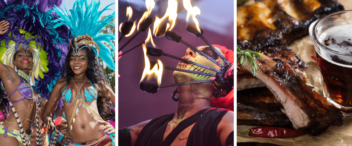There are three pictures. One on the left is of women dressed in caribana attire. The picture in the middle is of somebody blowing fire and the picture on the right is of ribs and beer. 
