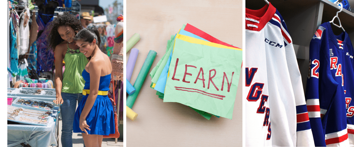 There are three photos here. On the left is people at an art market. In the middle is a photo of a sticky note and chalk, and on the right is a photo of Kitchener Rangers jerseys.